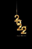 Golden 2022 New Year 3D logo, interlocking numbers. Christmas theme, vector illustration. Holiday design for greeting card, invitation, calendar, party, gold luxury vip, isolated on black background