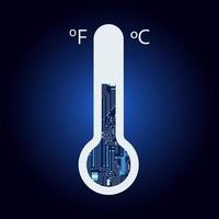 Thermometer with electronic circuit. Blue and gradient background. Thermometer indicating both the celsius and fahrenheit scales. Technological measuring instrument. vector