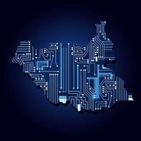 Contour map of South Sudan with a technological electronics circuit. vector