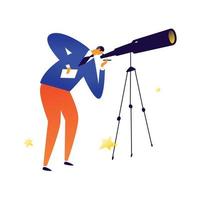 Ilustración de un hombre con un telescopio. vector. El astrónomo examina las estrellas. búsqueda de personas. Gerente de reclutamiento. comunicación en un entorno social. búsqueda de decisiones. estilo plano. vector