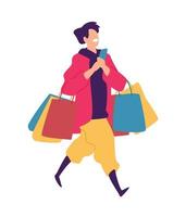 Illustration of a young guy with purchases. Vector. Positive flat illustration in cartoon style. Discounts and sales. Shopaholic shopping. A young man talking on the phone, shopping. vector