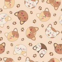 Seamless pattern of cute cat heads in kawaii style with outline. Cartoon kitten and footprint. Flat vector in brown color palette.