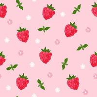 Seamless pattern of cartoon berries. Cute raspberry with leaves and flowers on pink background. Flat vector illustration.