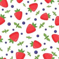 Seamless pattern of cartoon berries. Cute strawberry with leaves and blueberries on white background. Flat vector illustration.