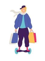 Illustration of a guy on a scooter with purchases. Vector. Positive flat illustration in cartoon style. Discounts and sales. Happy shopaholic shopping. An image of a successful hipster. vector