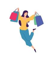 Ilustración de una niña con compras. vector. Ilustración plana positiva en estilo de dibujos animados. descuentos y rebajas. compras adictas a las compras. Ventas en línea. comprador de bienes. vector