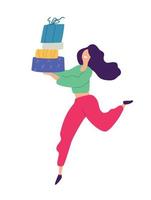 Illustration of a girl with shopping. Vector. Positive flat illustration in cartoon style. Discounts and sales. Shopaholic shopping. Online sales. Purchaser of goods. vector