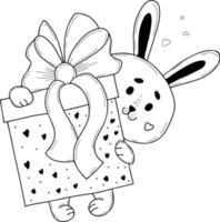 Cute rabbit with big gift. Vector illustration in hand drawn doodle style