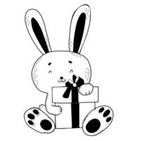 Cute bunny with gift. Vector illustration in hand drawn doodle style