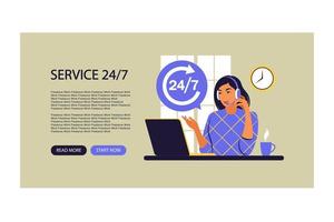 Service 24 7 concept. Call center support. Landing page form for web. Vector illustration. Flat.