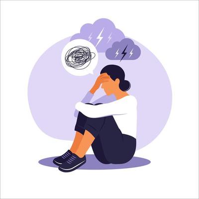 Woman in depression with bewildered thoughts in her mind. Young sad girl sitting in window and hugging her knees. Flat style