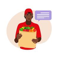 entrega de bienes. Mensajero africano con bolsa de papel con frutas y verduras en sus manos. vector ilustración plana.