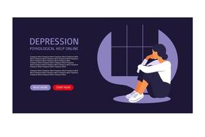 Young depressed woman sitting at window. Depression, health, stress and emotion concept for website design or landing web page. vector