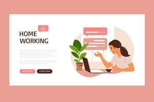 Landing page template with a freelancer girl working at home on laptop and drinking coffee. Cooperation in the field of online communications. Vector illustration.