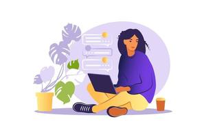Woman sitting with laptop. Concept illustration for working, studying, education, work from home, healthy lifestyle. Can use for backgrounds, infographics, hero images. Flat. Vector illustration.
