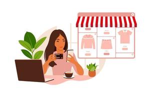 A young woman is shopping online using a laptop. Pay for purchases with a credit card over the Internet. The concept of online payments and electronic purchases, shopping. Vector illustration. Flat.