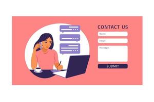Contact us form template for web and Landing page. Female customer talking with client. Online customer support, help desk concept and call center. Vector illustration in flat.