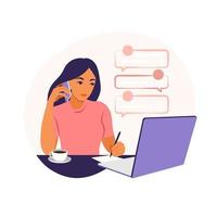 A woman works on a laptop computer and talks on the phone sitting at a table at home with a Cup of coffee and papers. Vector illustration. Flat.