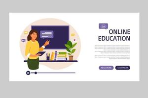 Online learning concept. Online education landing page. Teacher at chalkboard, video lesson. Distance study at school. Vector illustration. Flat style.