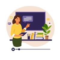 Online learning concept. Teacher at chalkboard, video lesson. Distance study at school. Vector illustration. Flat style.