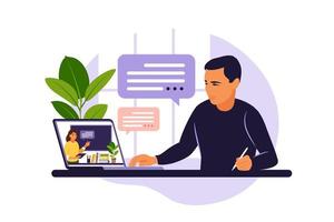 Young man study at computer. Online learning concept. Video lesson. Distance study. Can use for web banner, infographics, hero images. Vector illustration. Flat style.