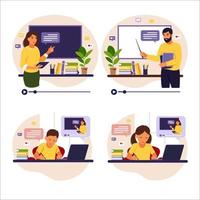 concepto de aprendizaje en línea. profesores en la pizarra. niños sentados detrás de su escritorio estudiando en línea usando su computadora. ilustración vectorial. estilo plano. vector