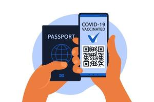 Electronic COVID-19 passport concept. The vaccinated person using QR code on mobile phone for safe travelling during the pandemic. Vector illustration. Flat.