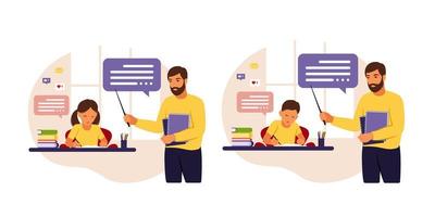 Teacher teaches kids at home or school. Conceptual illustration for school, education and homeschooling. Teacher helping kids with homework. Flat style vector illustration.