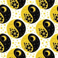 Seamless background, Yin Yang, symbol, flowers and the moon with the sun. Elegant yellow and black design for textiles, wallpapers, prints.