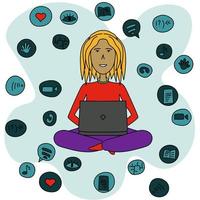 Girl in cartoon style studying or working with laptop, sitting person and icons of media, resources and communication around vector