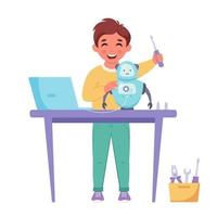 Little boy creating a robot. Robotics, programming and engineering for kids vector