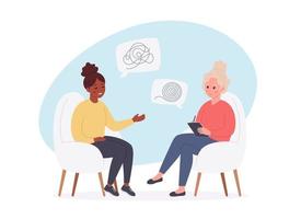 Woman talking with psychologist. Psychology therapy, mental health vector