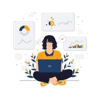 businesswoman with business plan, data analytic, start up, development, seo optimization, programming and analyzing growth charts concept illustrations vector