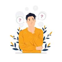 questioned, thinking, and confused with question mark looking up with thoughtful focused expression concept illustrations vector