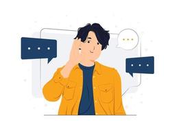 Man holding hand near ear, speaking, listening, hearing, whispering, curiosity, gossip, deafness, and pay attention concept illustrations vector