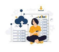 mujer en gran fuente de datos, centro, computación y almacenamiento en la nube, alojamiento, sala de servidores, sistema de red e ilustración del concepto de tecnología