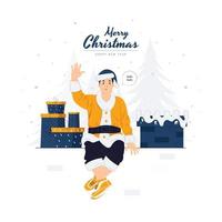 man dressed up as Santa Claus with Christmas gifts on the chimney, sleigh, and happy new year concept illustration vector