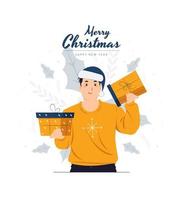 A Man with santa hat holding gift, present, and celebrate christmas new year concept illustration vector