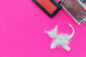 A comb after grooming a cat and a piece of cat hair in the shape of a cat on a pink background. The view from the top.
