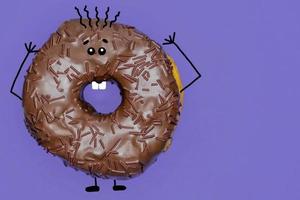 Donut loco con glaseado de chocolate sobre un fondo lila con partes del cuerpo pintadas. dibujo de mapa de bits. lugar para la inscripción. foto