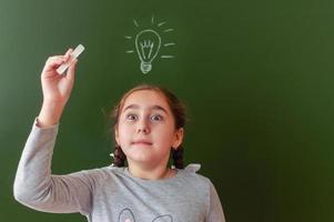 A schoolgirl at the blackboard was able to find a solution to the problem. inspiration. the idea came photo