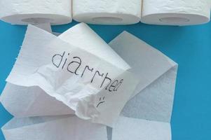 Rolls of white toilet paper labeled diarrhea on a blue background. Close up. photo