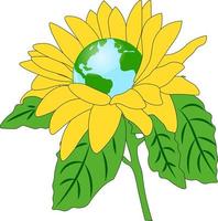 Illustration, planet Earth in a drawn yellow flower sunflower. Environmental design. Earth protection poster vector
