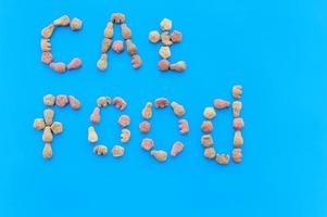 The inscription cat food from pieces of food on a blue background. The view from the top photo