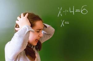 Schoolgirl solves a math problem on the blackboard during the lesson. photo