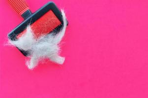 A comb after grooming a cat and a piece of cat hair in the shape of a cat on a pink background. The view from the top. photo
