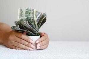 A flower made of dollars in a pot in the hands of a girl on a white background. The concept of profitable investments and investments. photo