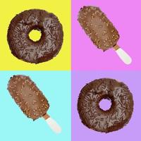 Seamless pattern of chocolate-coated donuts and ice cream on a multicolored background. photo