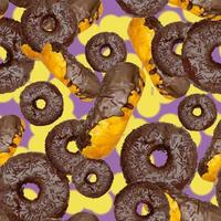 Seamless pattern of donuts in chocolate glaze on a blue background with elements of a raster pattern. photo