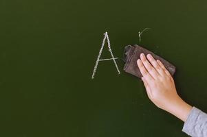 teenager's hand erases from a school board during a lesson at school photo